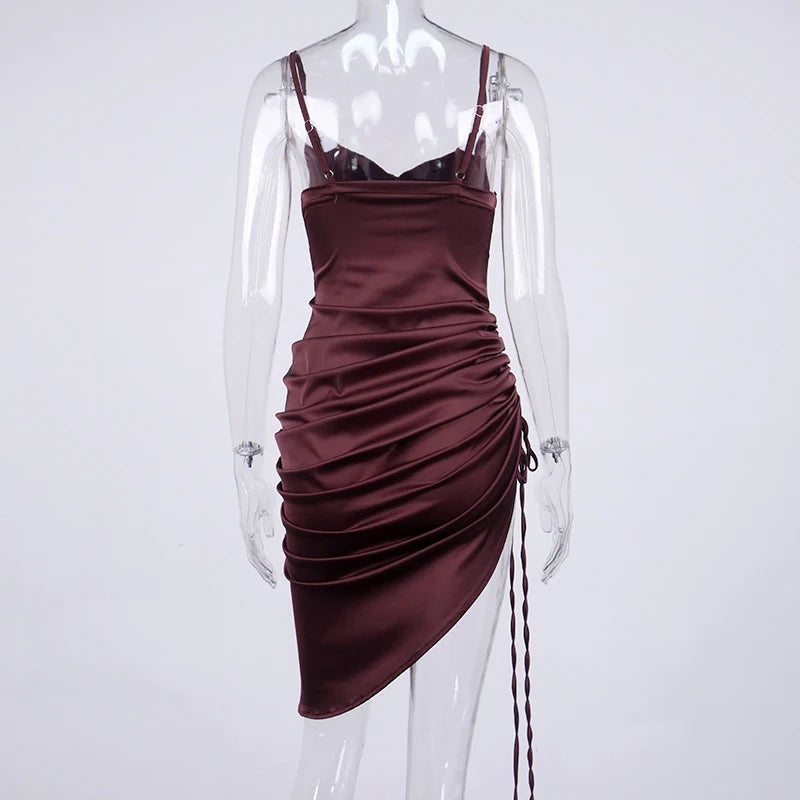 Ruched Satin Drawstring Spaghetti Straps Cowl Neck Backless Long Dress