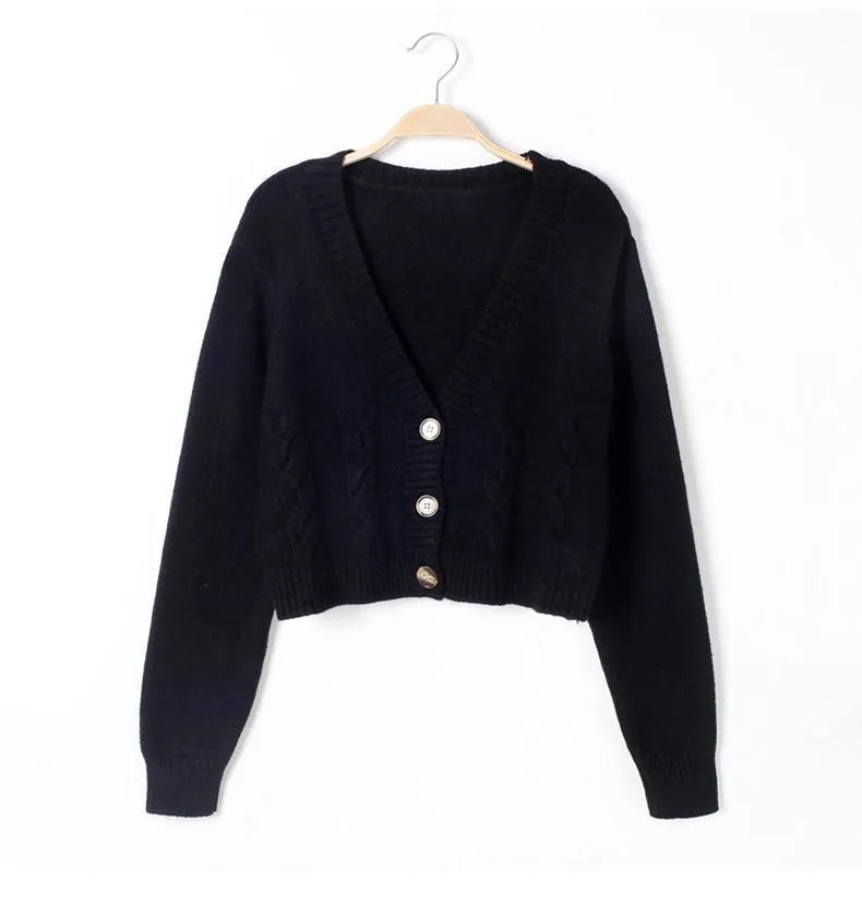 Autumn Winter Short Cardigan Breasted High Waist  Knitted Tops