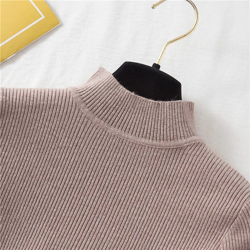 Autumn Women Pullover Sweater Half Turtleneck Knitted Female Jumper Long Sleeve Winter Black Soft Elastic Blouse