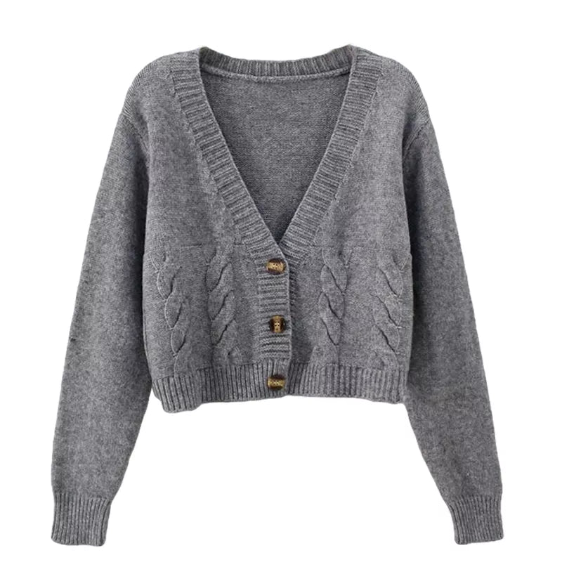 Autumn Winter Short Cardigan Breasted High Waist  Knitted Tops