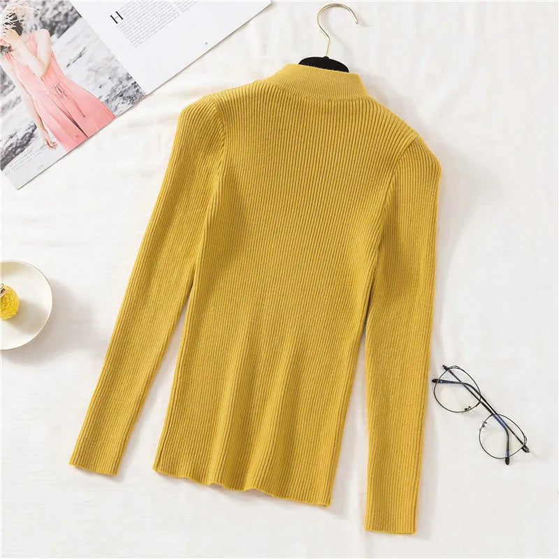 Autumn Women Pullover Sweater Half Turtleneck Knitted Female Jumper Long Sleeve Winter Black Soft Elastic Blouse