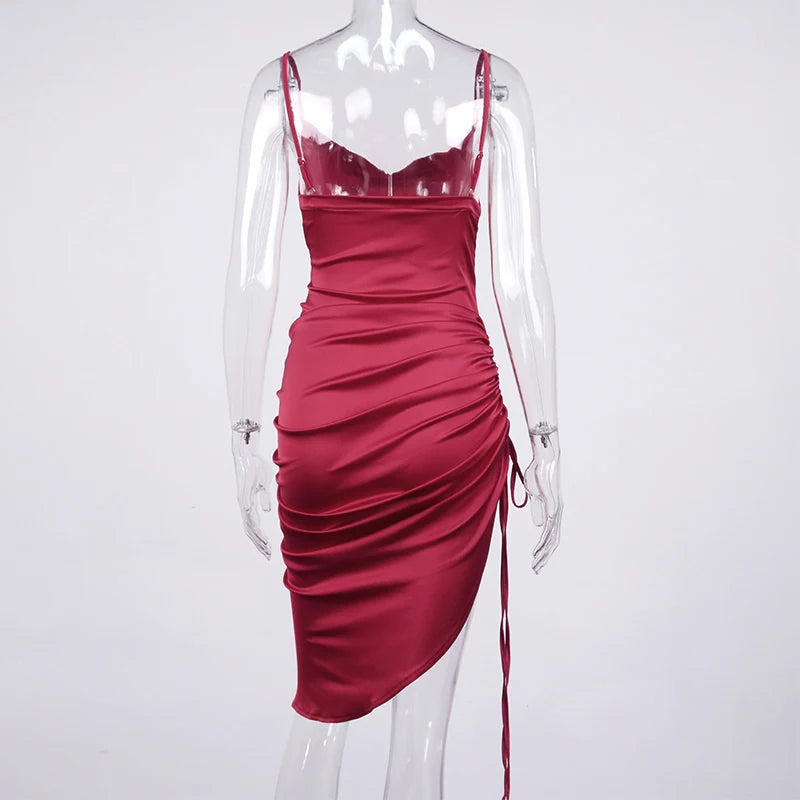 Ruched Satin Drawstring Spaghetti Straps Cowl Neck Backless Long Dress