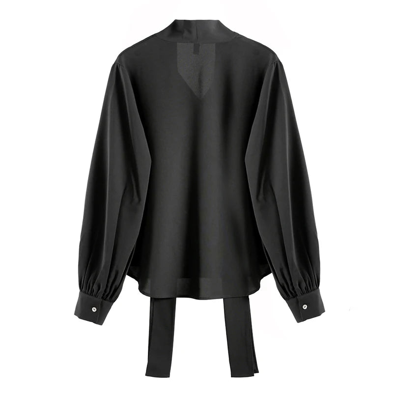 Lace Up Vintage Long Sleeve Solid Chiffon Casual Bow Blouse