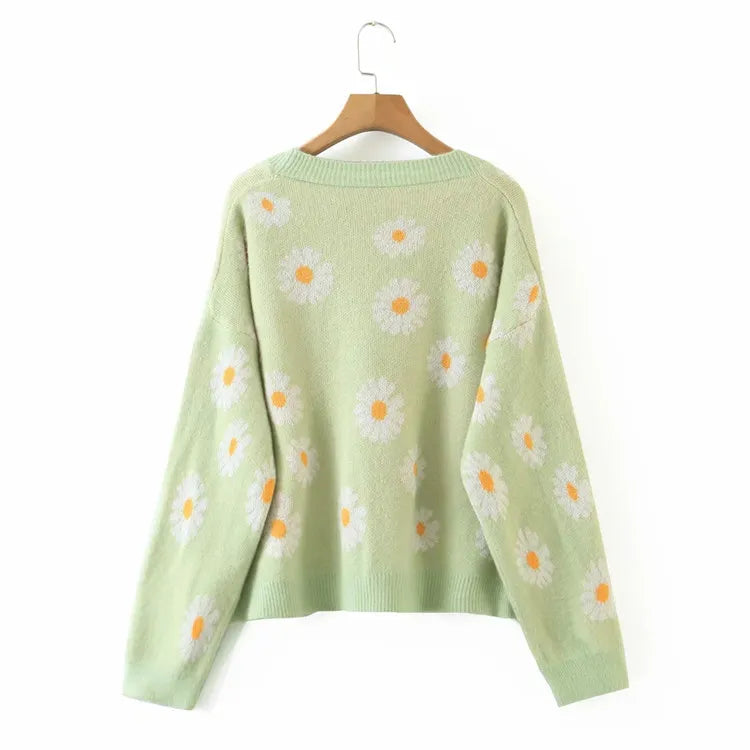 Fashion Print Soft Full Sleeve Floral Single Little Daisy V-Neck Pull Oversize Cardigan