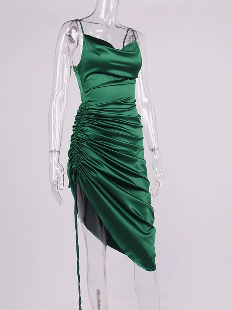 Ruched Satin Drawstring Spaghetti Straps Cowl Neck Backless Long Dress