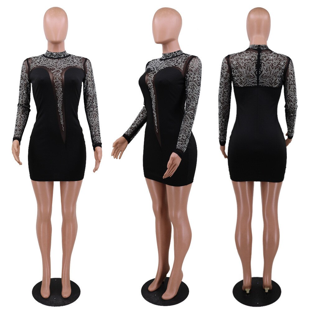 Sheer Mesh Patchwork Rhinestone Mini Dress