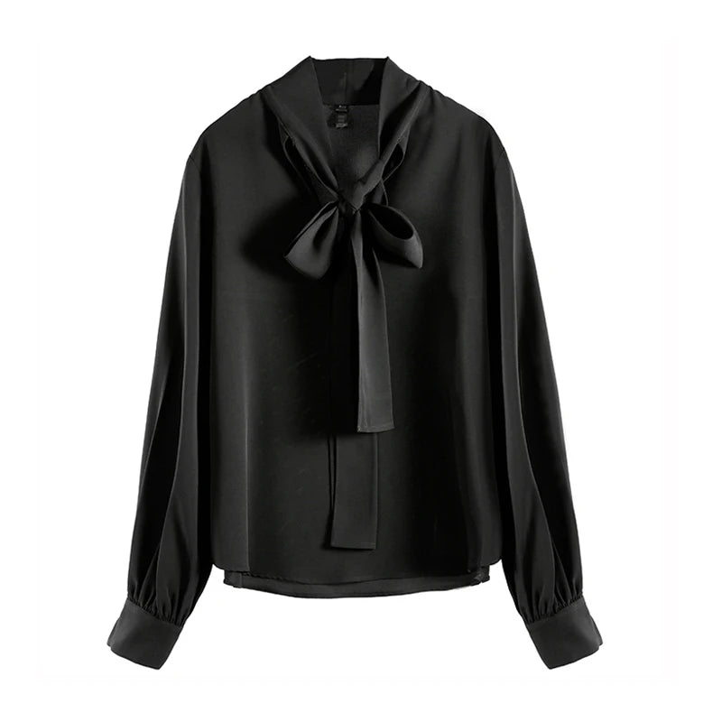 Lace Up Vintage Long Sleeve Solid Chiffon Casual Bow Blouse