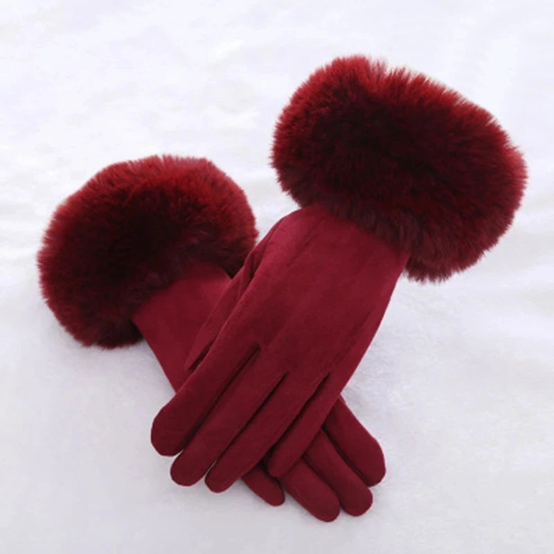 Faux Fur Suede Leather Touch Gloves