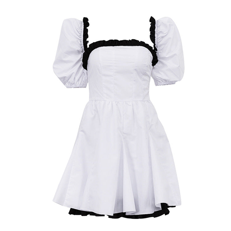 Black and White Contrast Color Square Neck Puff Sleeve Backless Dress