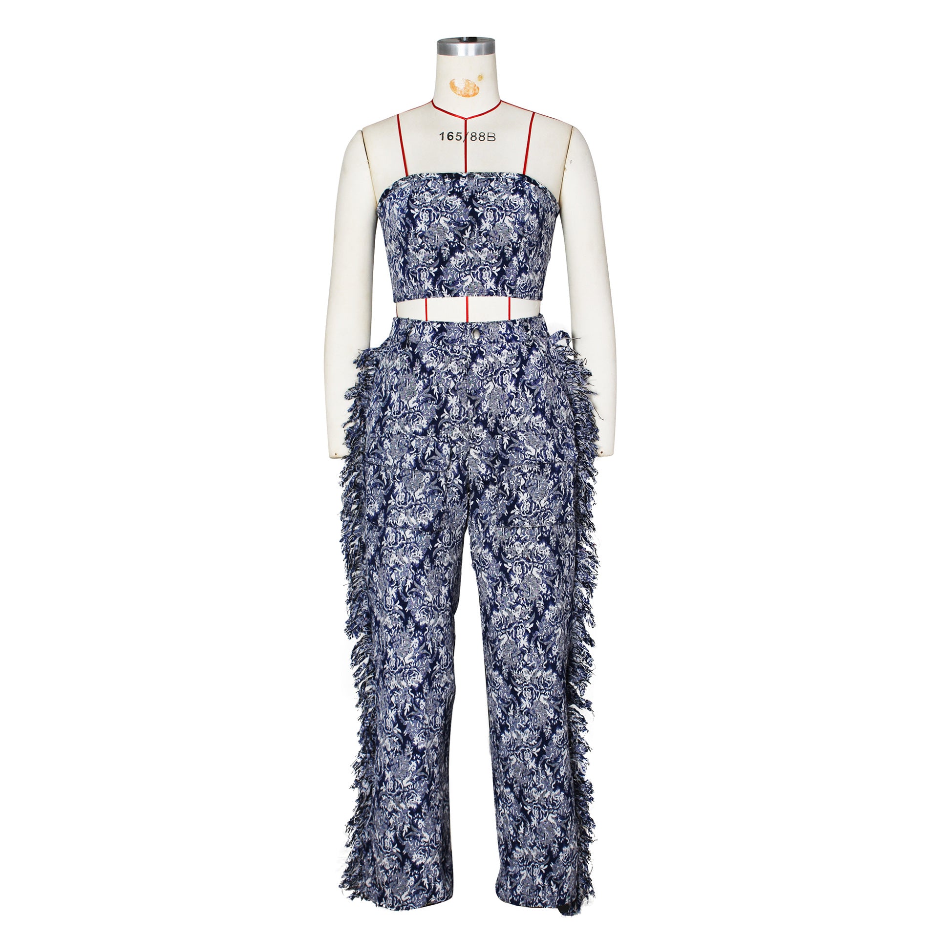 Strapless Top and Wide Leg tassel Pants Two 2 Piece Set