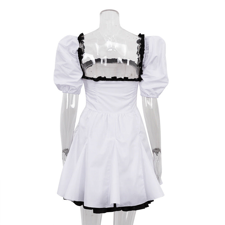 Black and White Contrast Color Square Neck Puff Sleeve Backless Dress