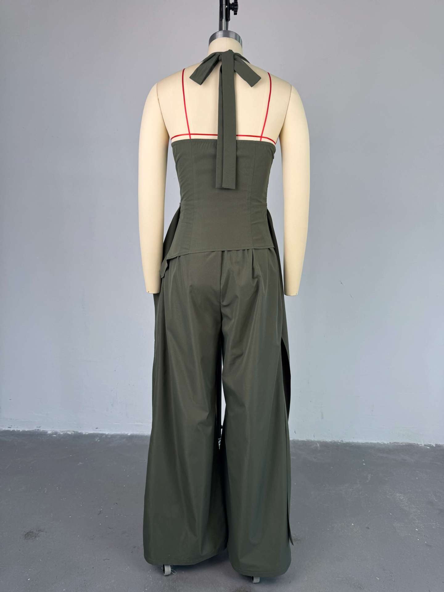 Ruched Front Streamer Side Crop Top and Loose Wide Leg Pants Two Piece Sets