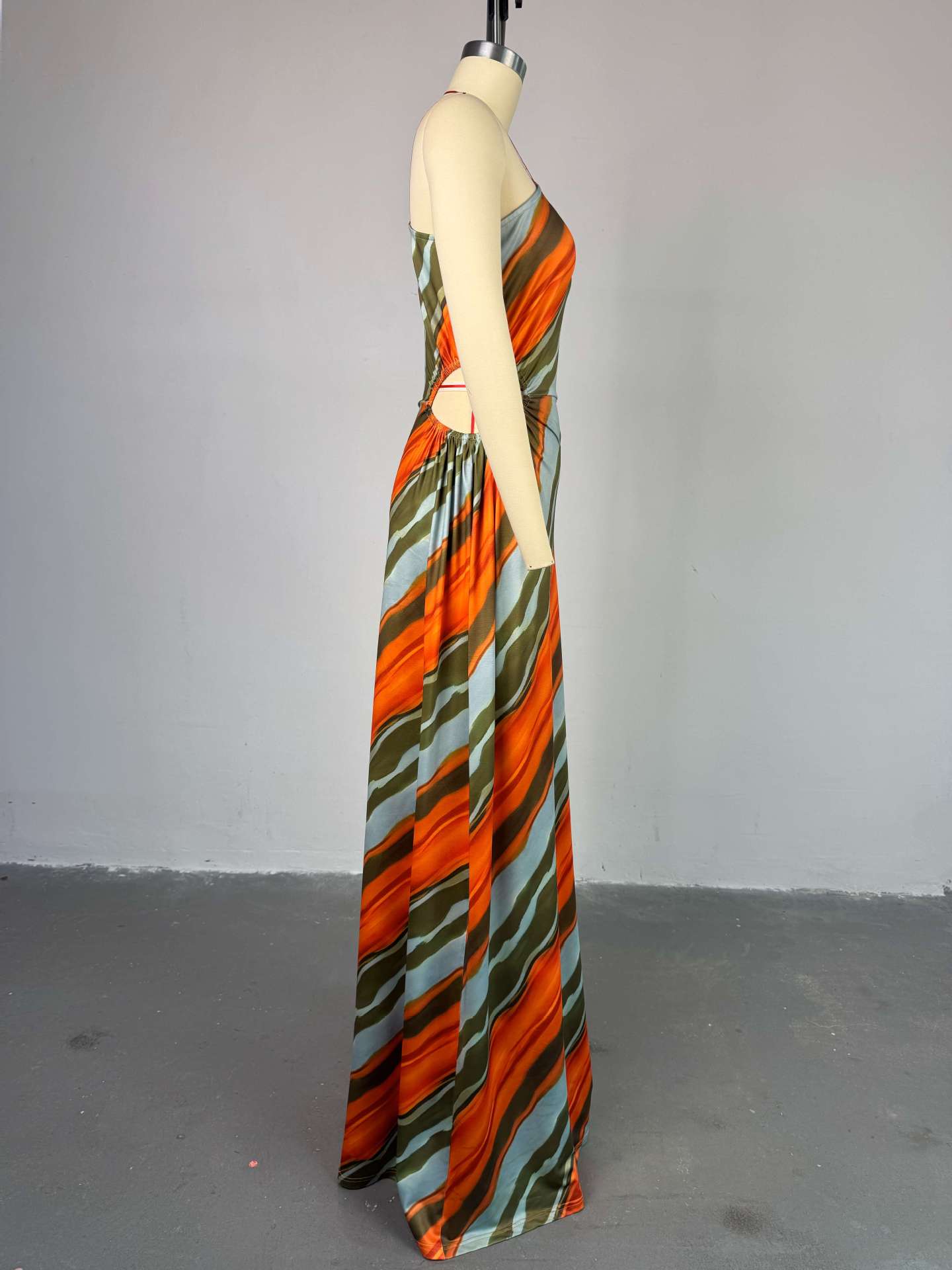 Elegant Striped Print Sleeveless Floor-Length Long Dress