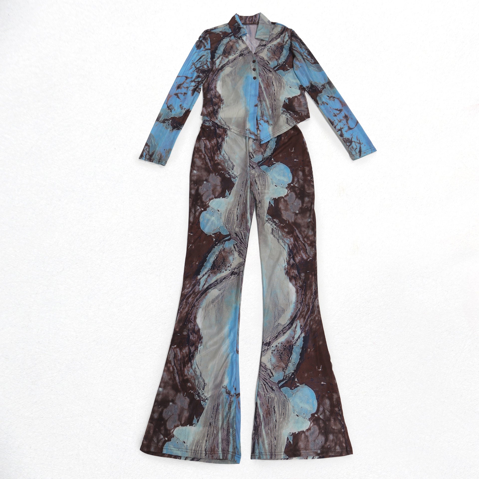 Tie Dye Mesh Print Single Breasted shirts+Pants Two 2 Piece Sets