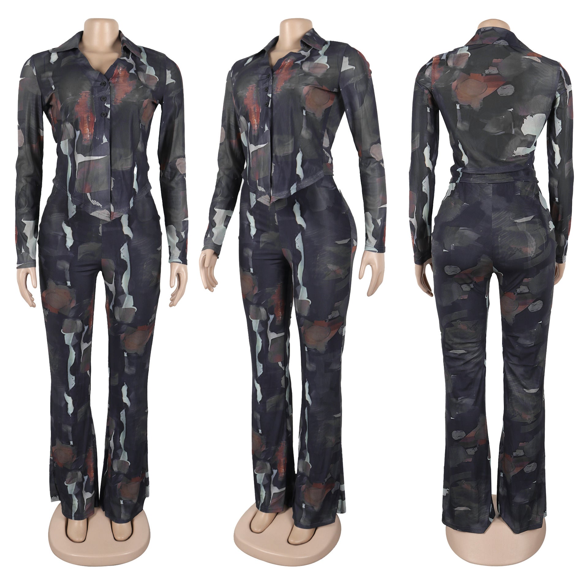 Tie Dye Mesh Print Single Breasted shirts+Pants Two 2 Piece Sets