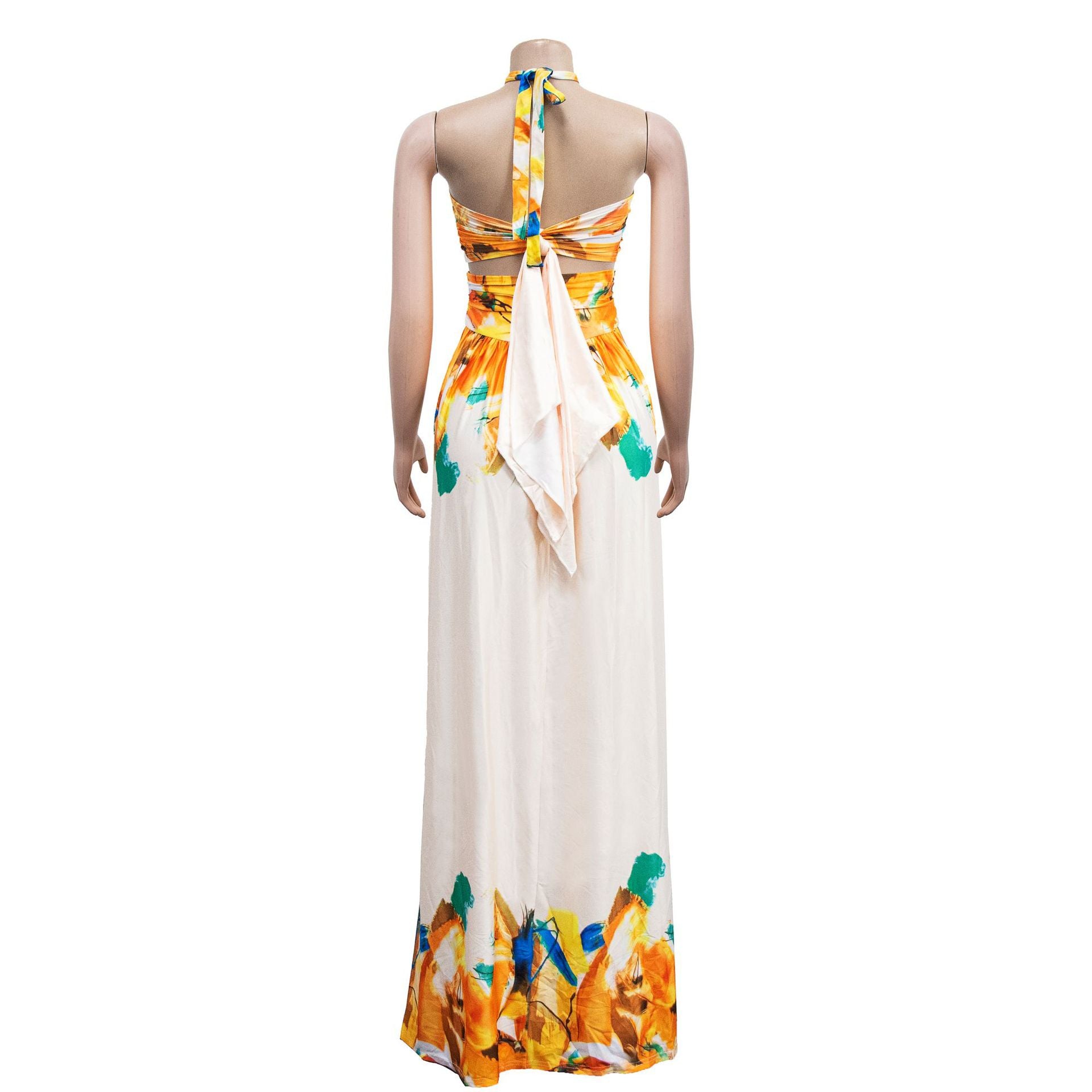 3D Printed Halter Neck High Slit Lace Up Maxi Long Dress