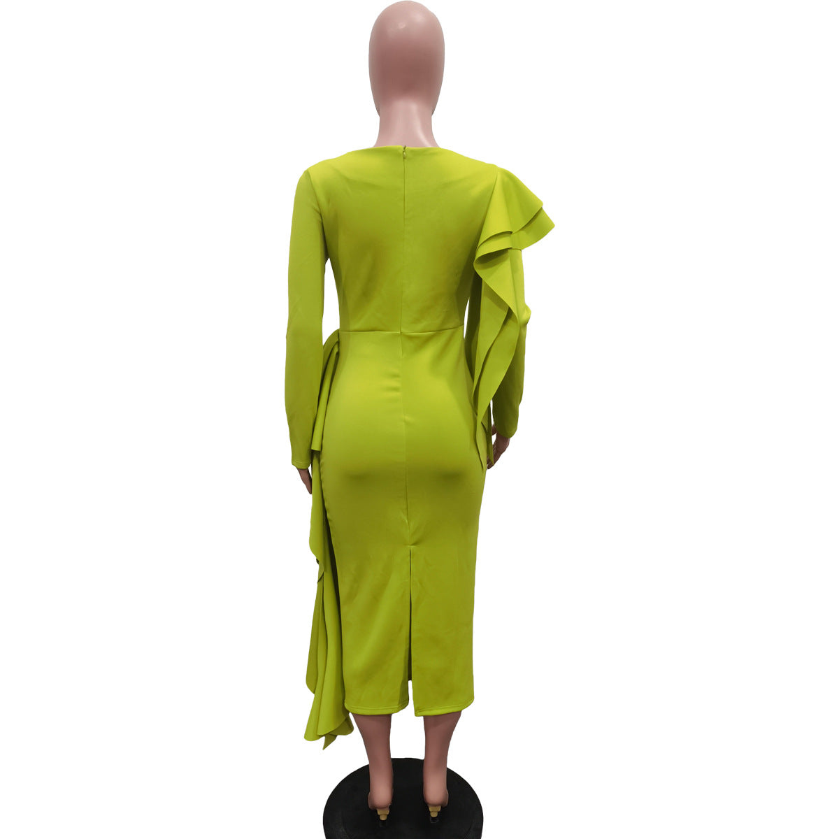 Long Sleeve U-neck Ruffles Draped Ruched Bodycon Pencil Midi Dress