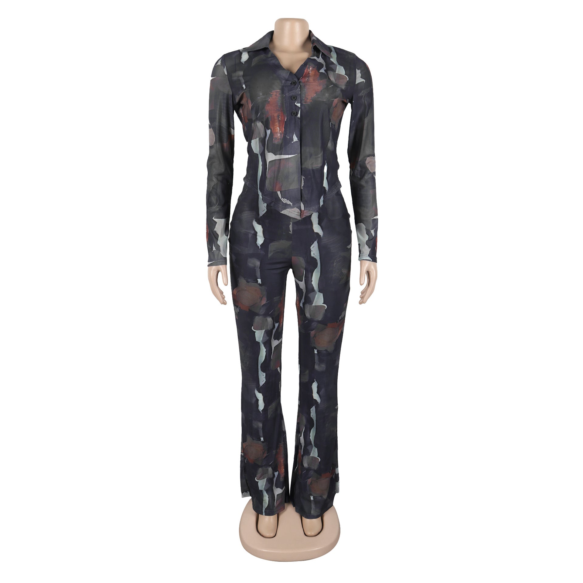 Tie Dye Mesh Print Single Breasted shirts+Pants Two 2 Piece Sets