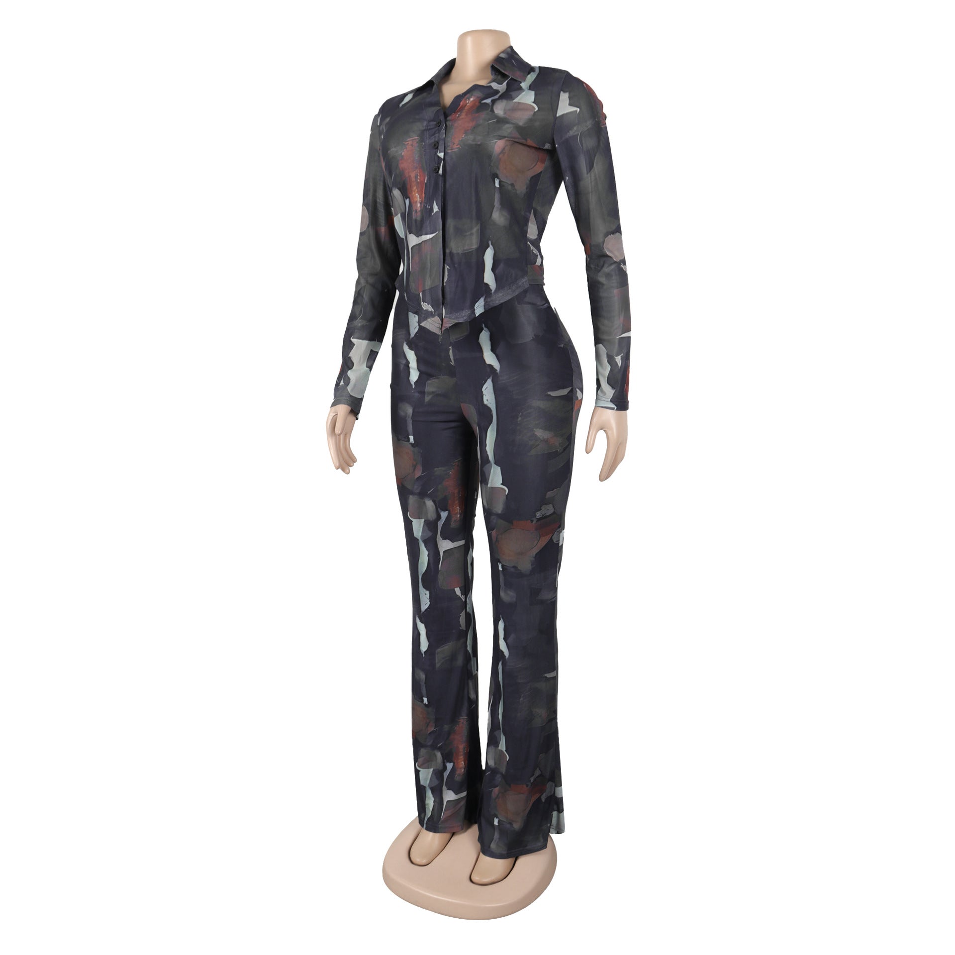 Tie Dye Mesh Print Single Breasted shirts+Pants Two 2 Piece Sets