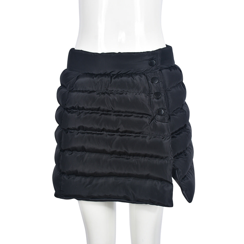 Winter Thick Warm Bubble Quilted Y2K High Waist Zip-Up Black Long Skirts