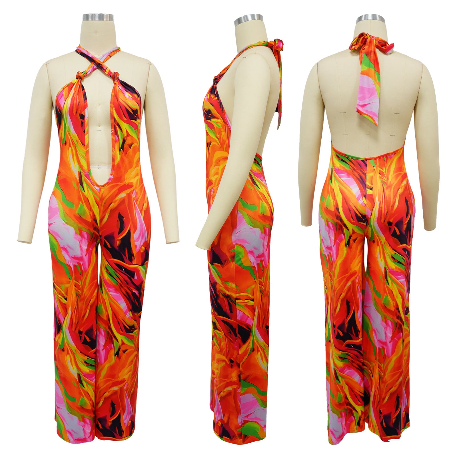 V-neck Halter Sleeveless Print Jumpsuits