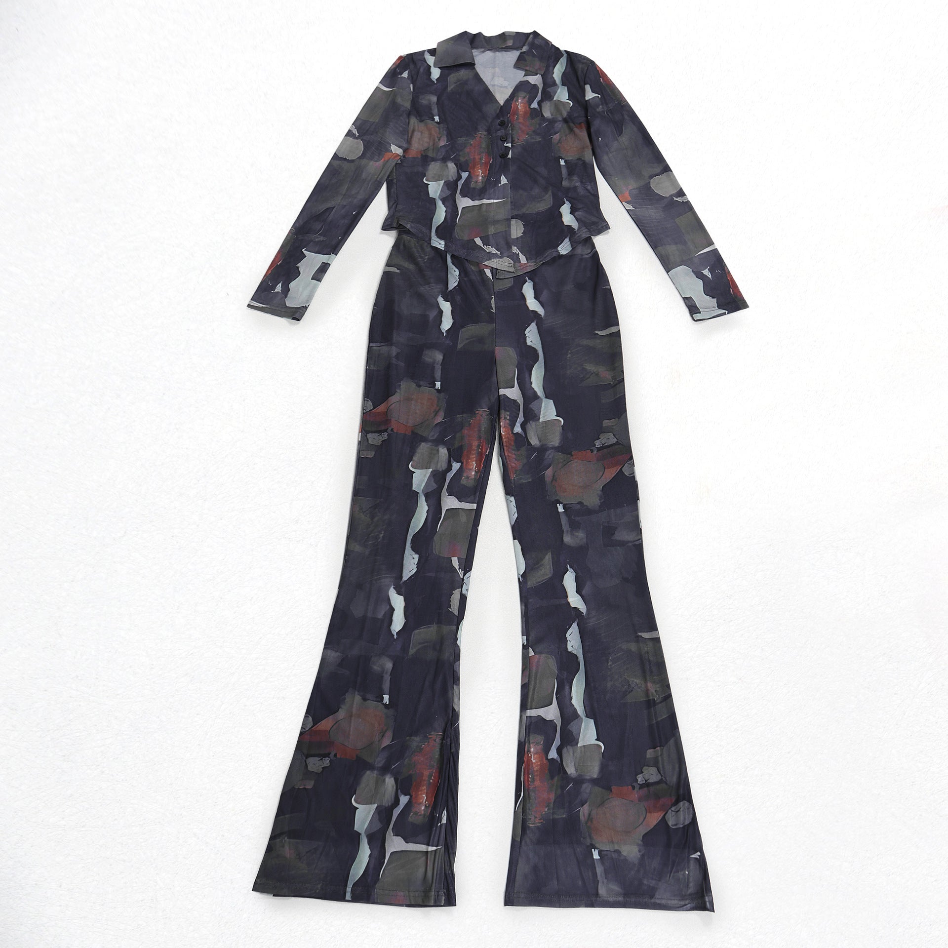 Tie Dye Mesh Print Single Breasted shirts+Pants Two 2 Piece Sets