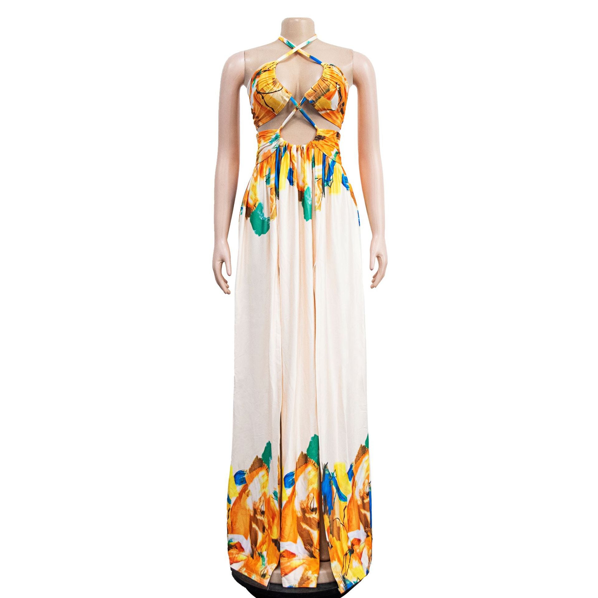 3D Printed Halter Neck High Slit Lace Up Maxi Long Dress