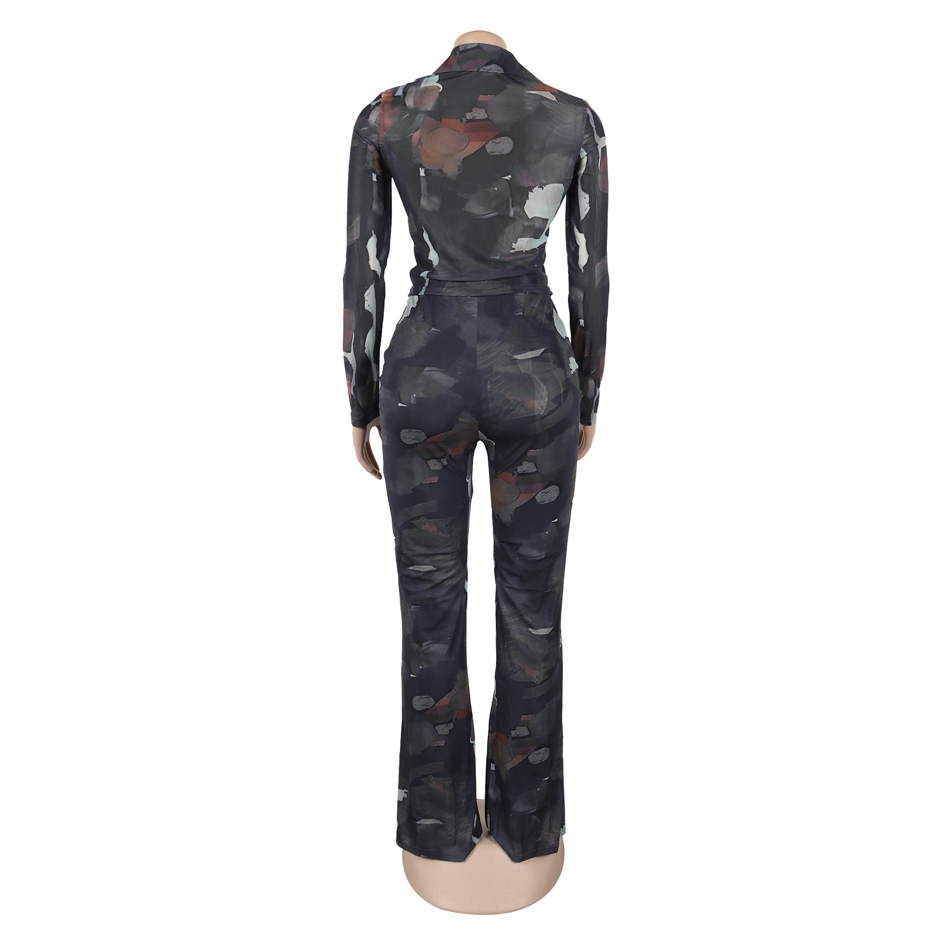Tie Dye Mesh Print Single Breasted shirts+Pants Two 2 Piece Sets