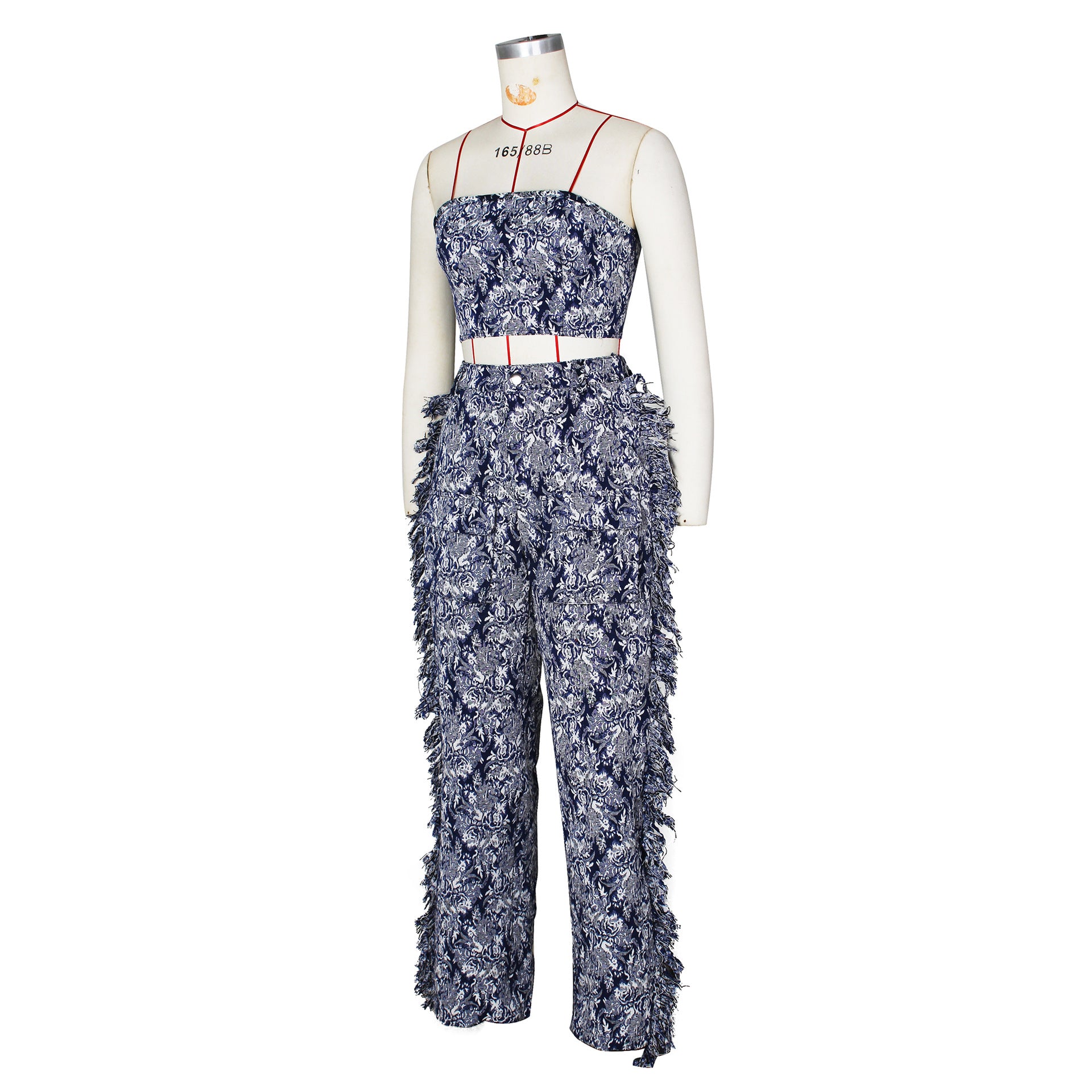 Strapless Top and Wide Leg tassel Pants Two 2 Piece Set