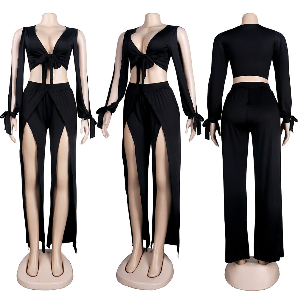 Elegant Tie Up Crop Tops and Flare Pants Matching Set