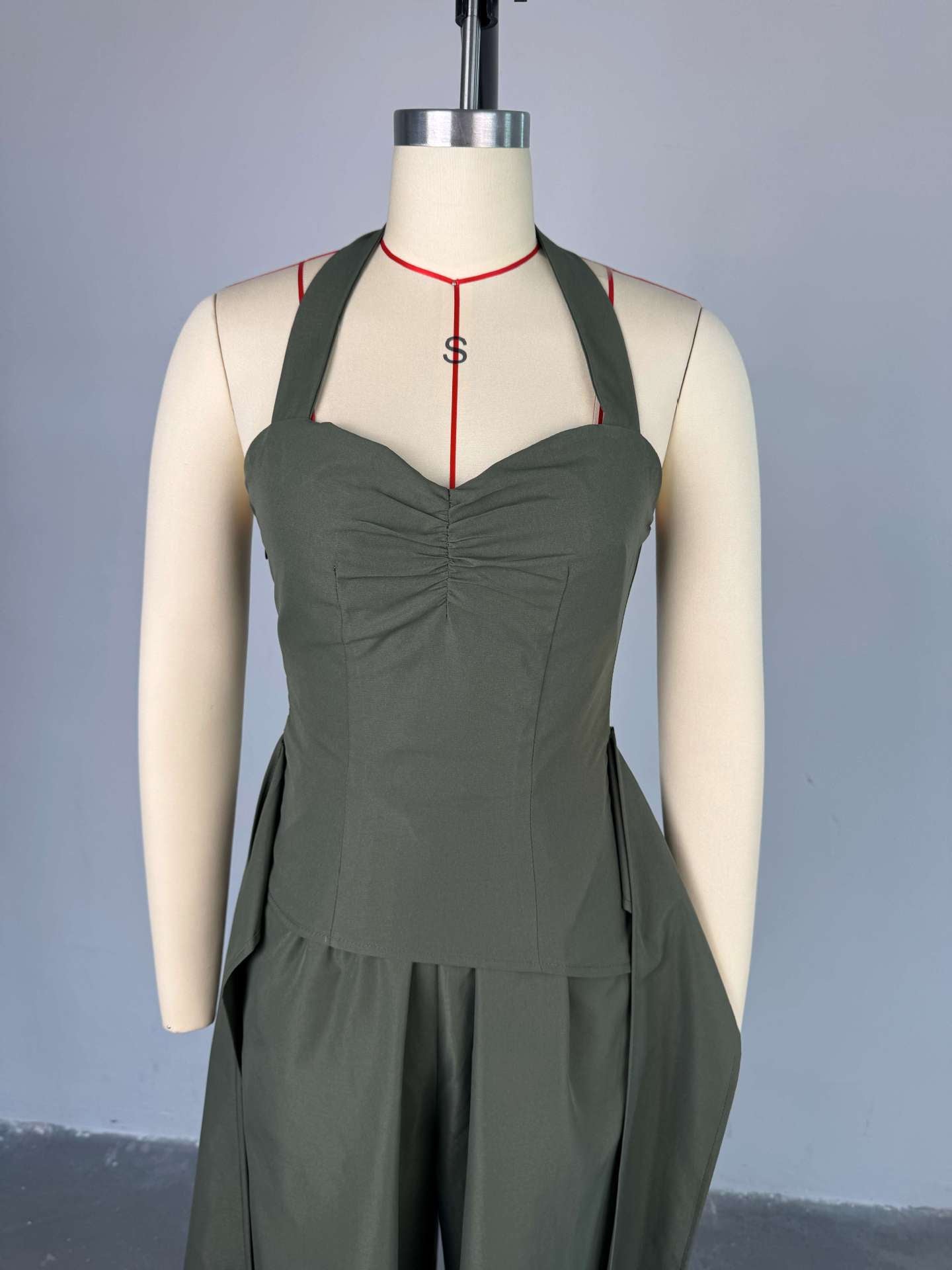 Ruched Front Streamer Side Crop Top and Loose Wide Leg Pants Two Piece Sets