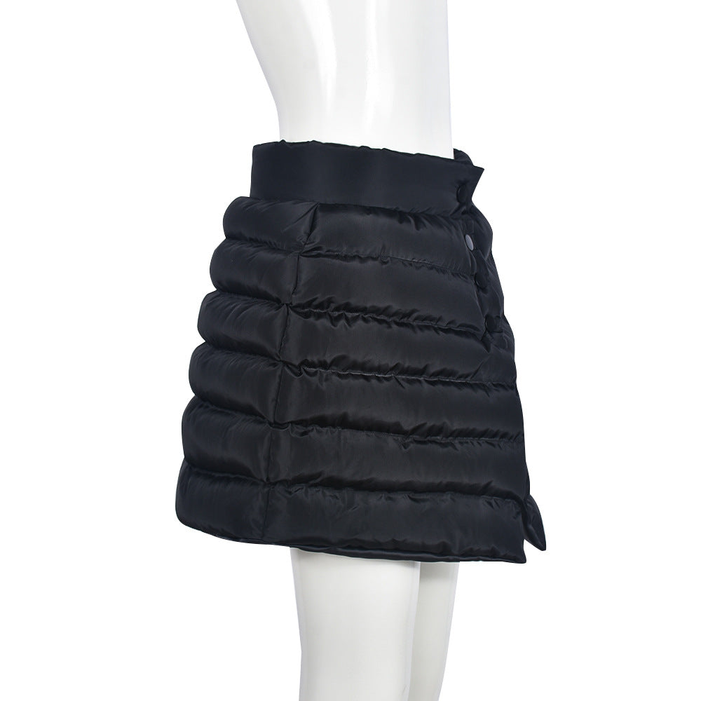 Winter Thick Warm Bubble Quilted Y2K High Waist Zip-Up Black Long Skirts