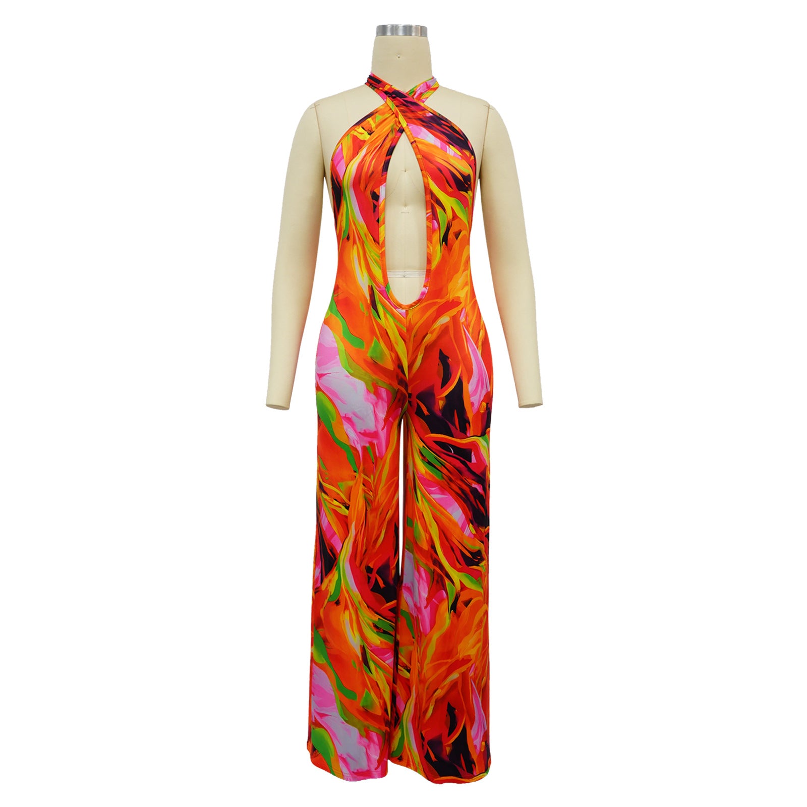 V-neck Halter Sleeveless Print Jumpsuits