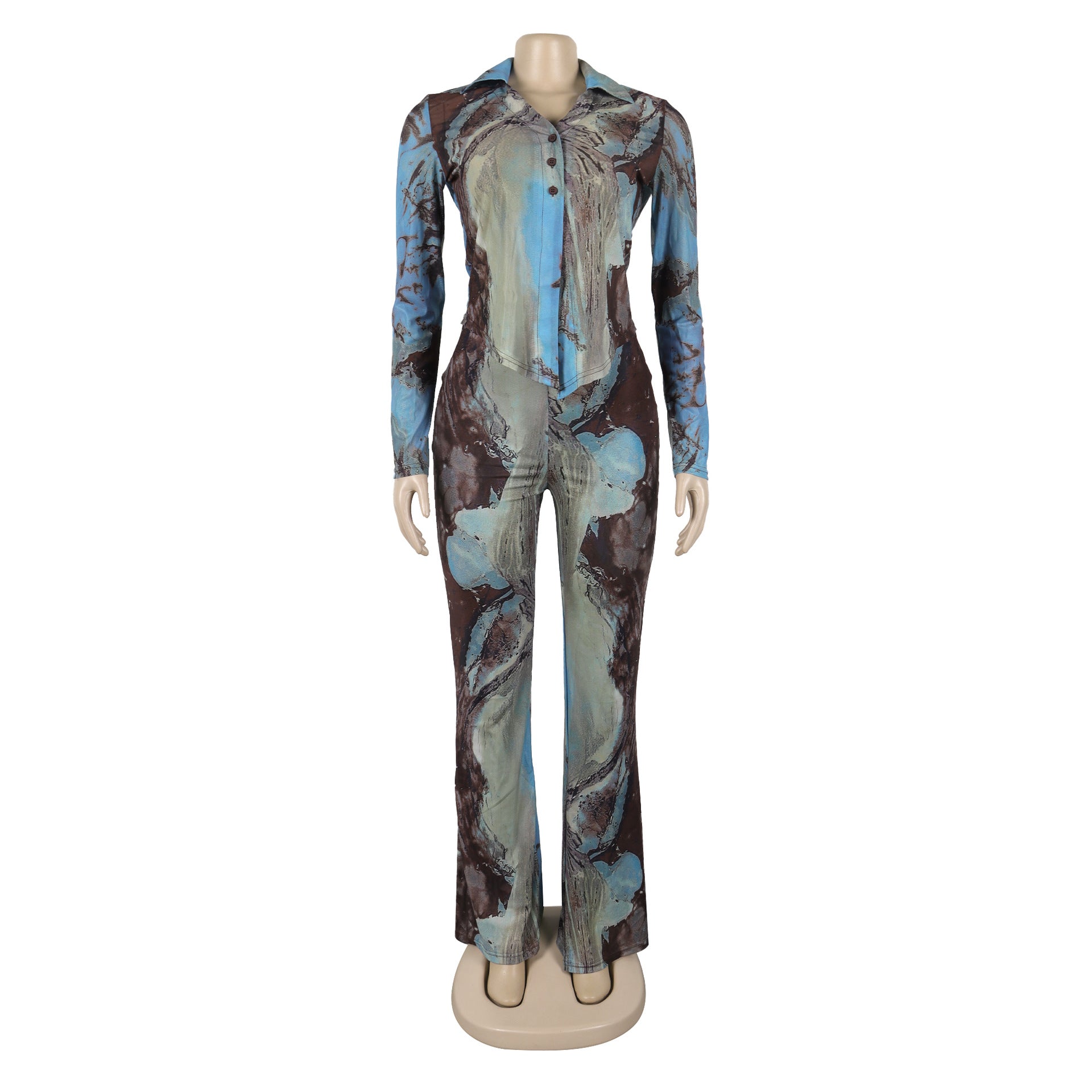 Tie Dye Mesh Print Single Breasted shirts+Pants Two 2 Piece Sets