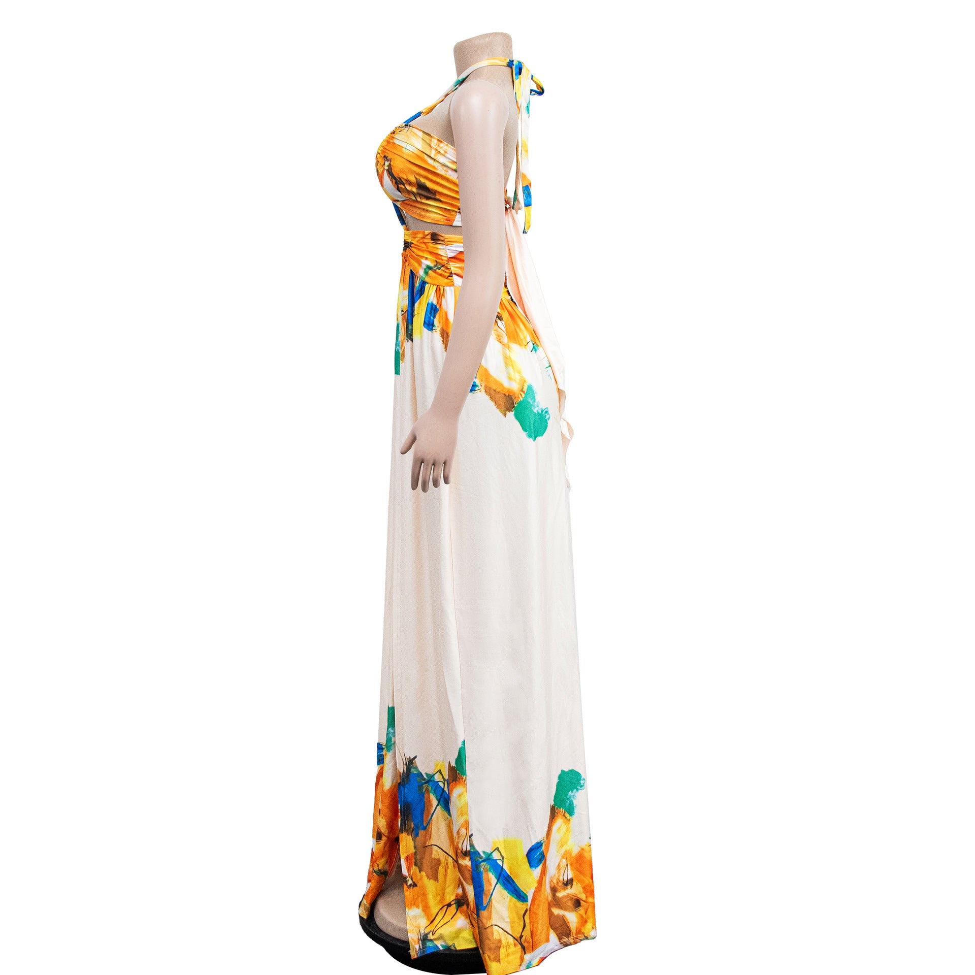 3D Printed Halter Neck High Slit Lace Up Maxi Long Dress