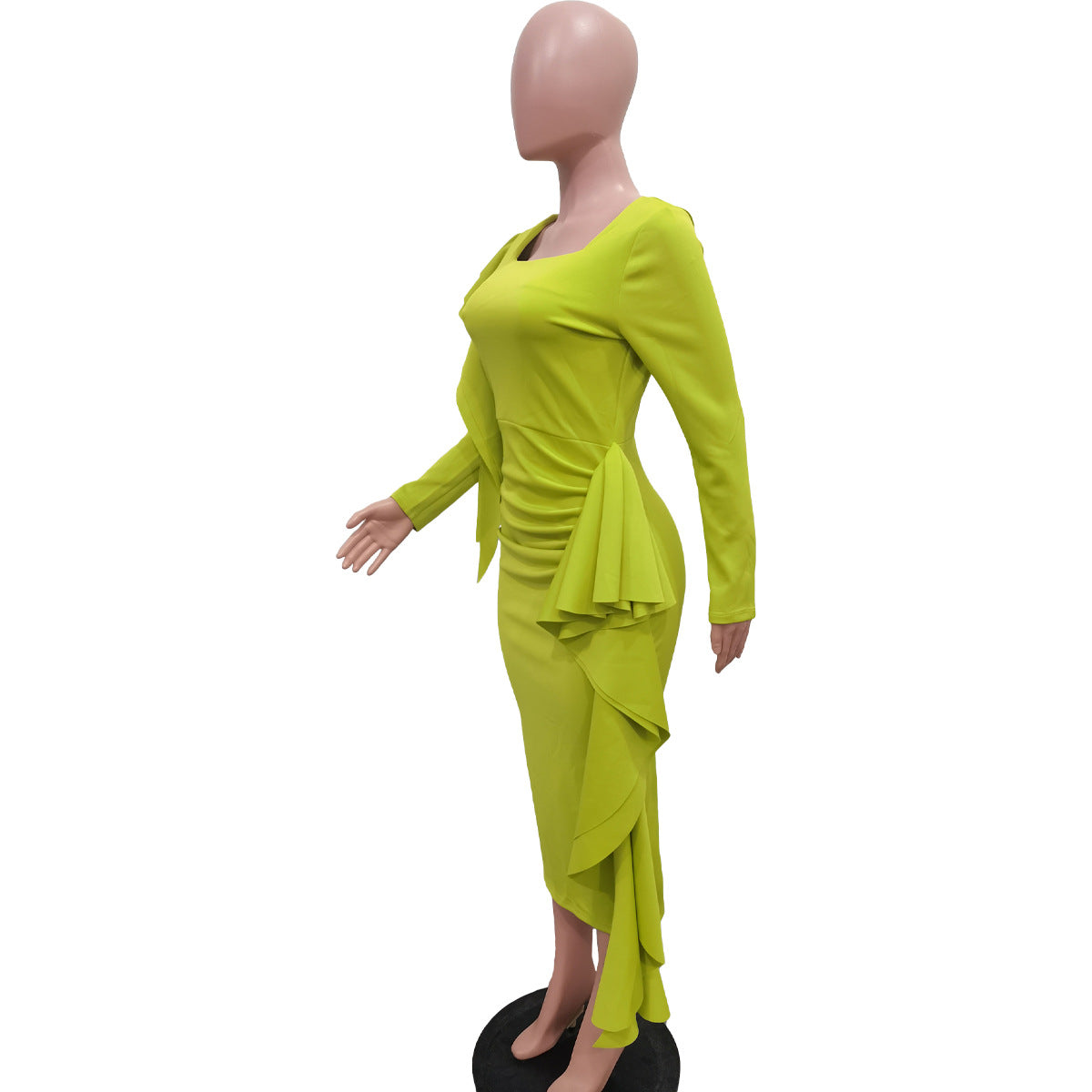 Long Sleeve U-neck Ruffles Draped Ruched Bodycon Pencil Midi Dress