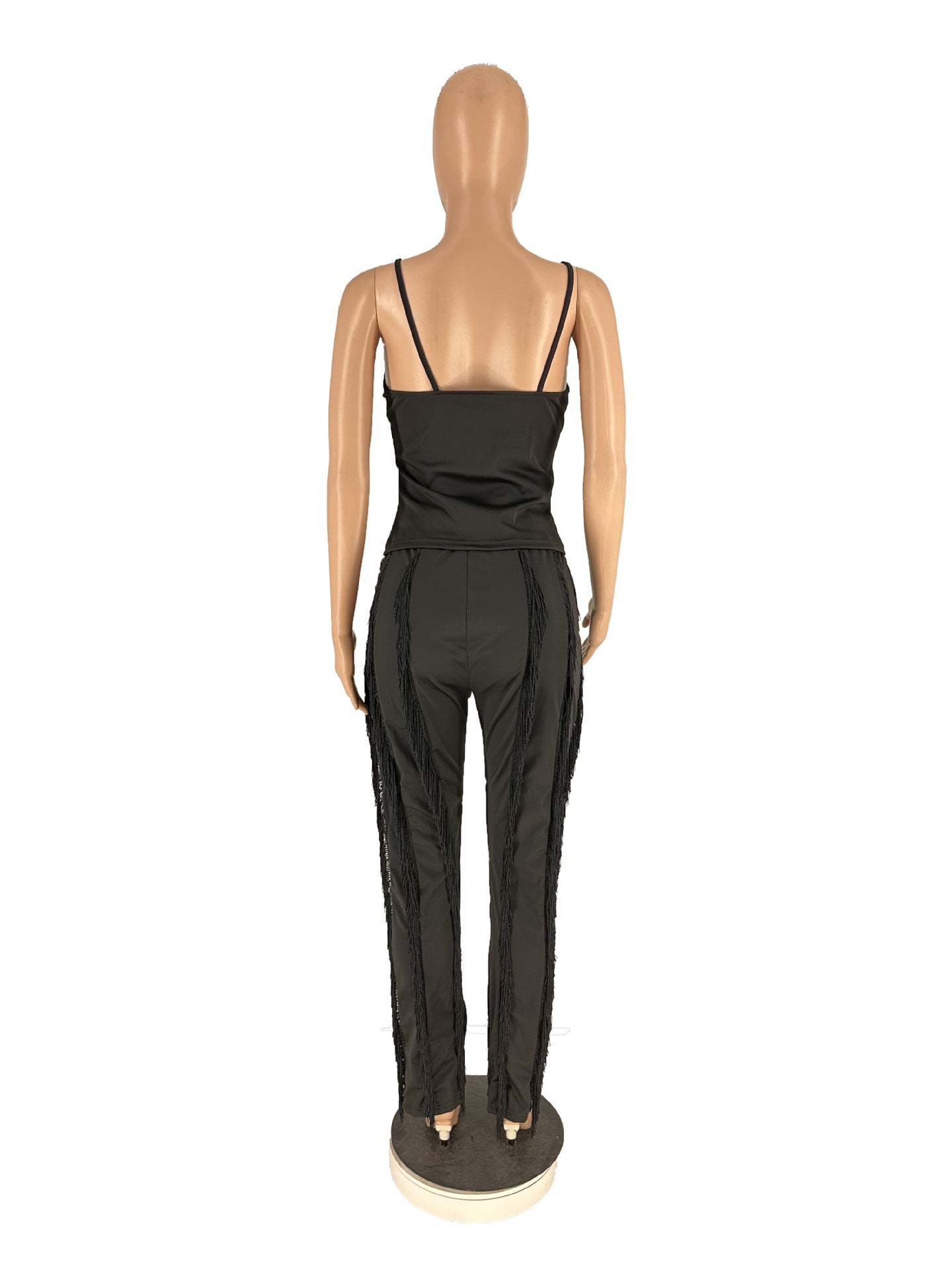 Strapless Plunging V-neck Top and Tassel Straight Pants Suit