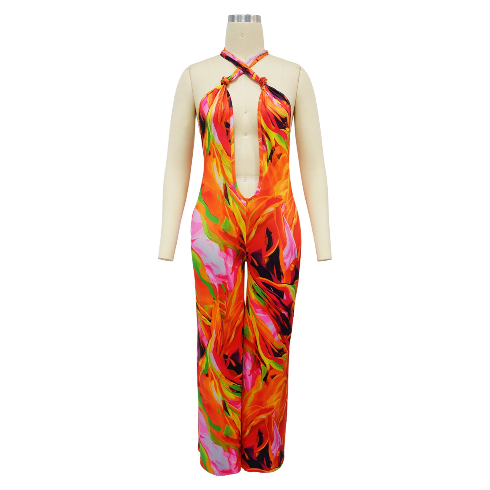 V-neck Halter Sleeveless Print Jumpsuits