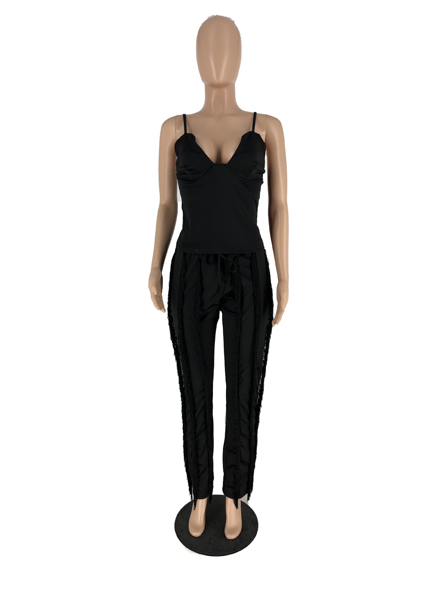 Strapless Plunging V-neck Top and Tassel Straight Pants Suit