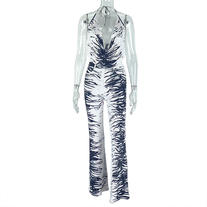 Spaghetti Strap Wrap V-neck Backless Zebra Printed  Jumpsuit
