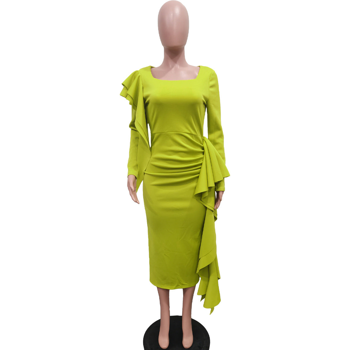 Long Sleeve U-neck Ruffles Draped Ruched Bodycon Pencil Midi Dress
