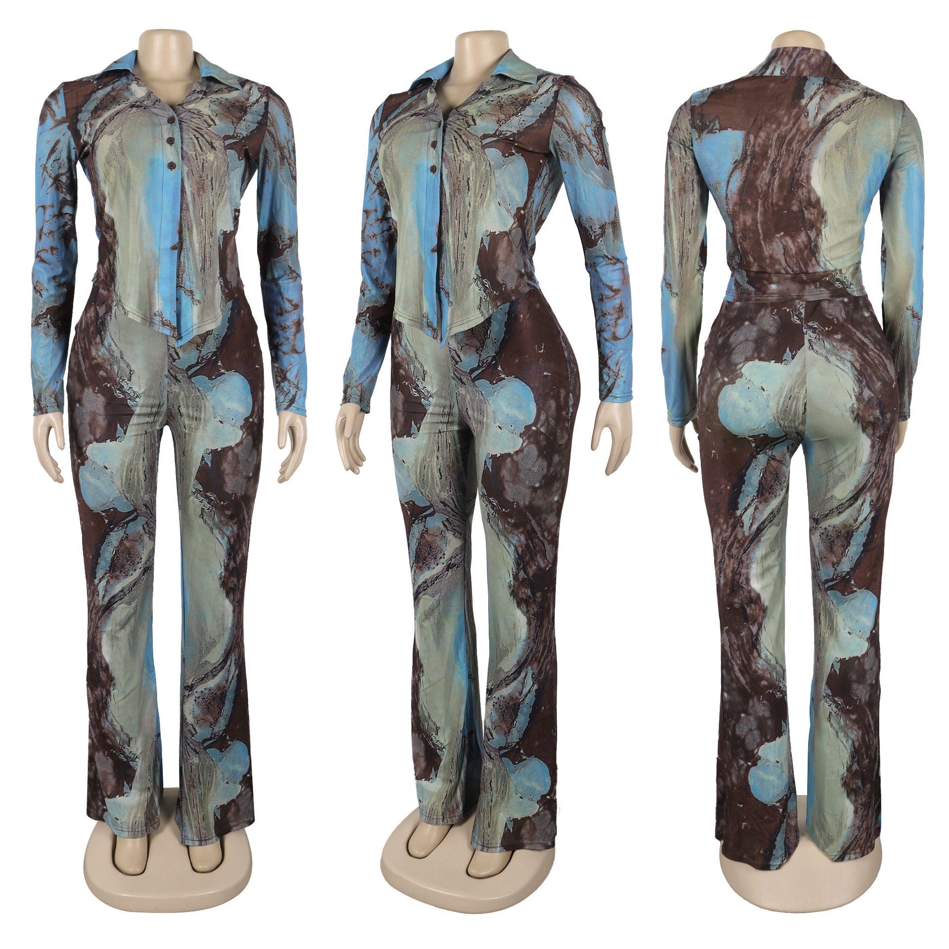 Tie Dye Mesh Print Single Breasted shirts+Pants Two 2 Piece Sets