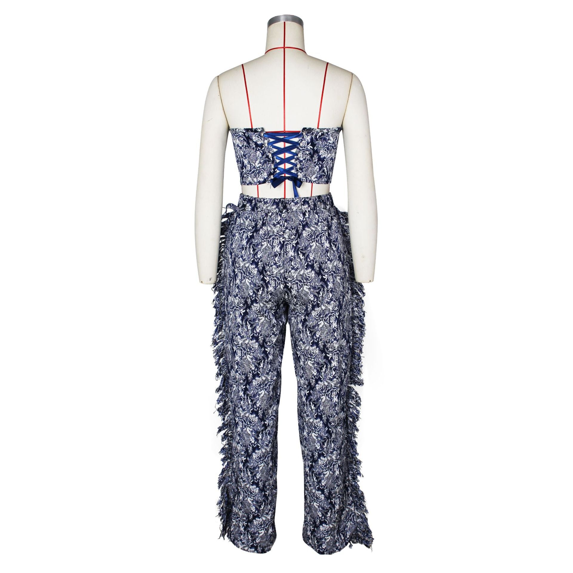 Strapless Top and Wide Leg tassel Pants Two 2 Piece Set