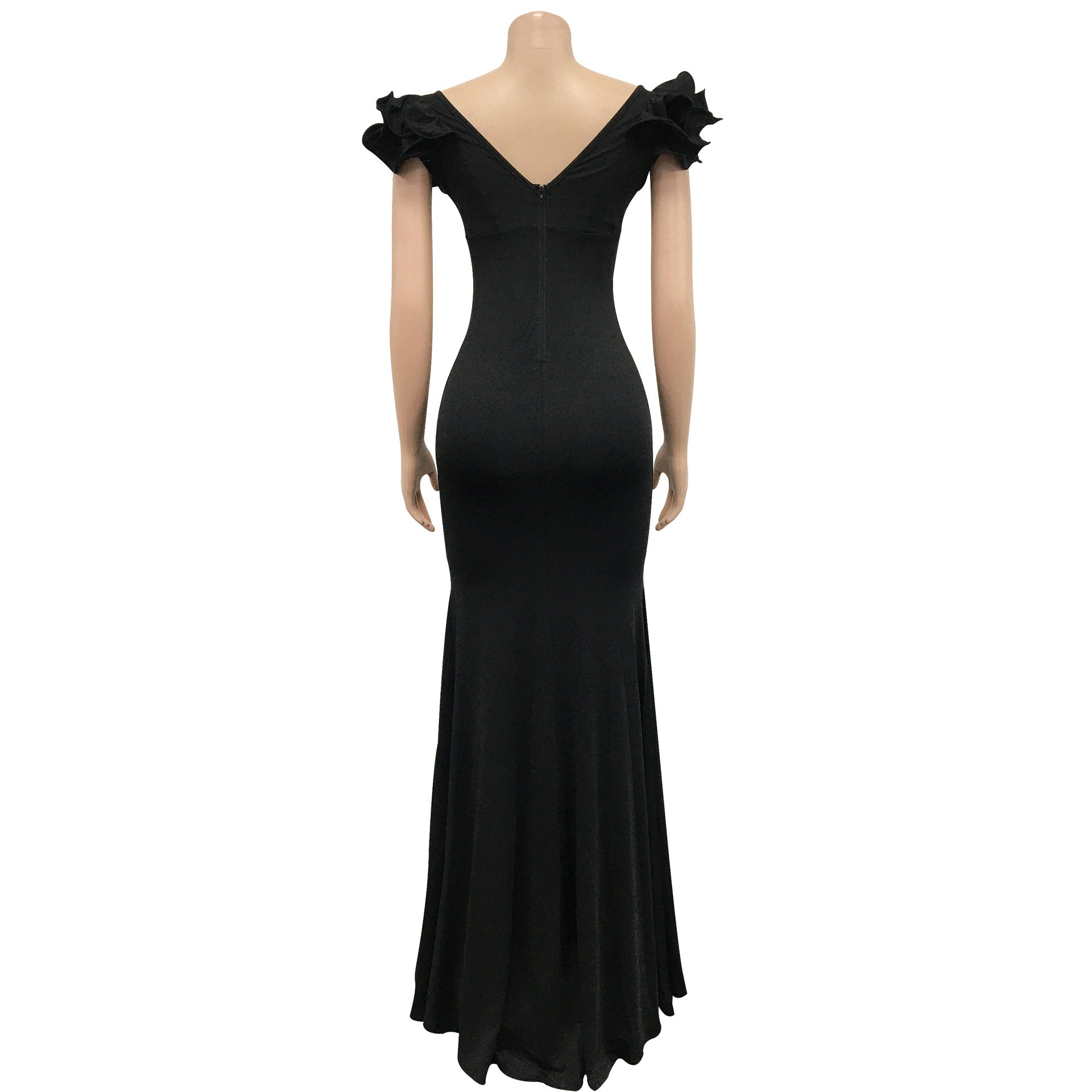 Vintage Ruffles Petal Shoulder Cocktail V-neck Trumpet Maxi Long Dress