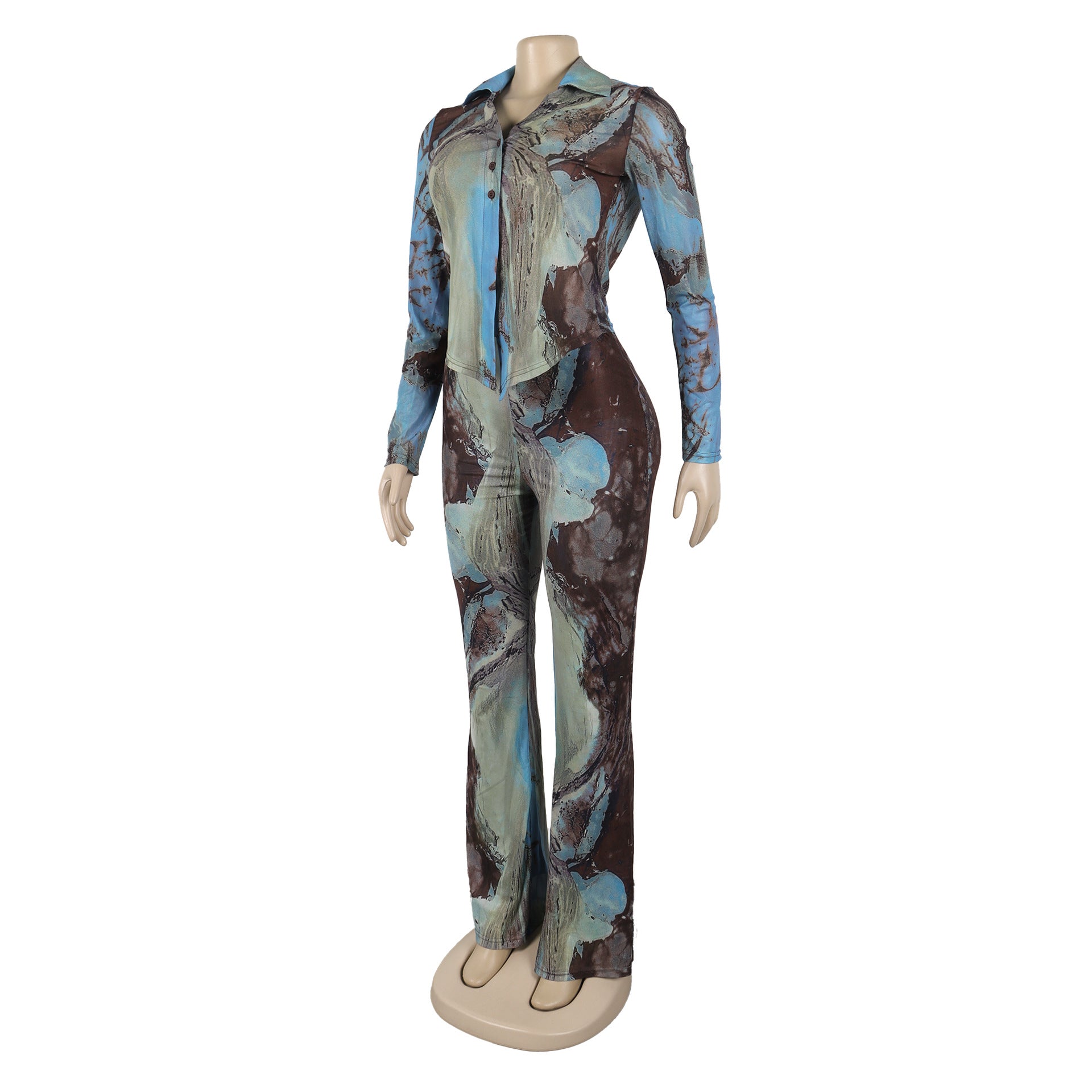 Tie Dye Mesh Print Single Breasted shirts+Pants Two 2 Piece Sets