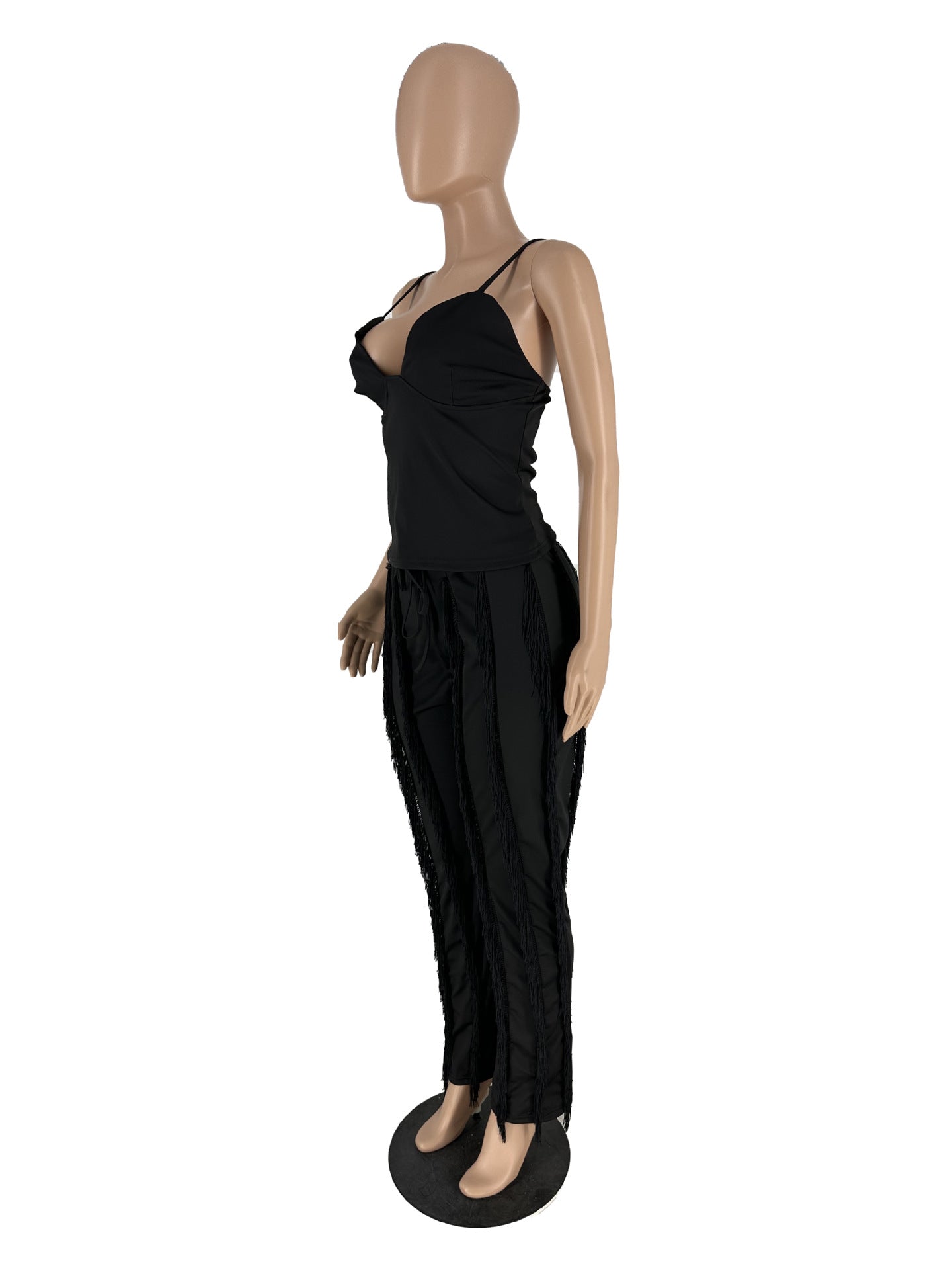 Strapless Plunging V-neck Top and Tassel Straight Pants Suit