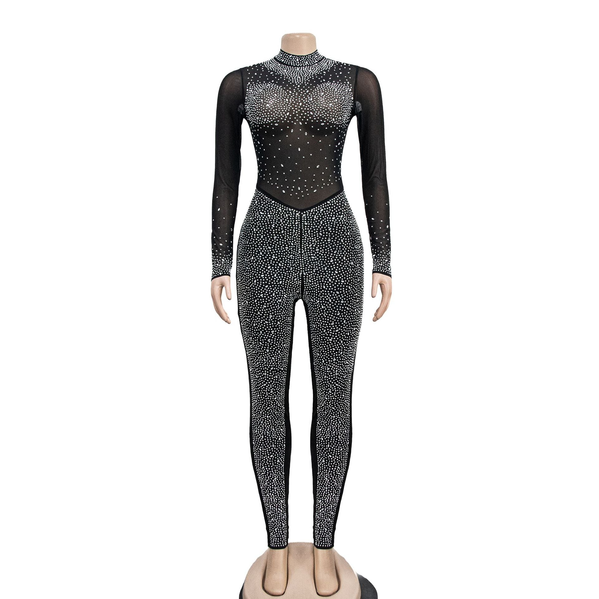 Sheer Mesh Rhinestone Bodycon Jumpsuit