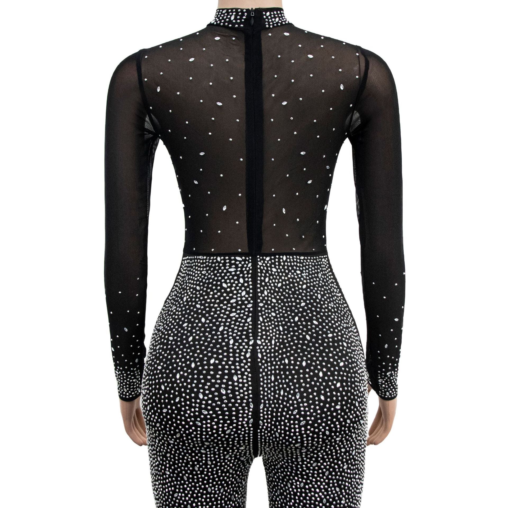 Sheer Mesh Rhinestone Bodycon Jumpsuit