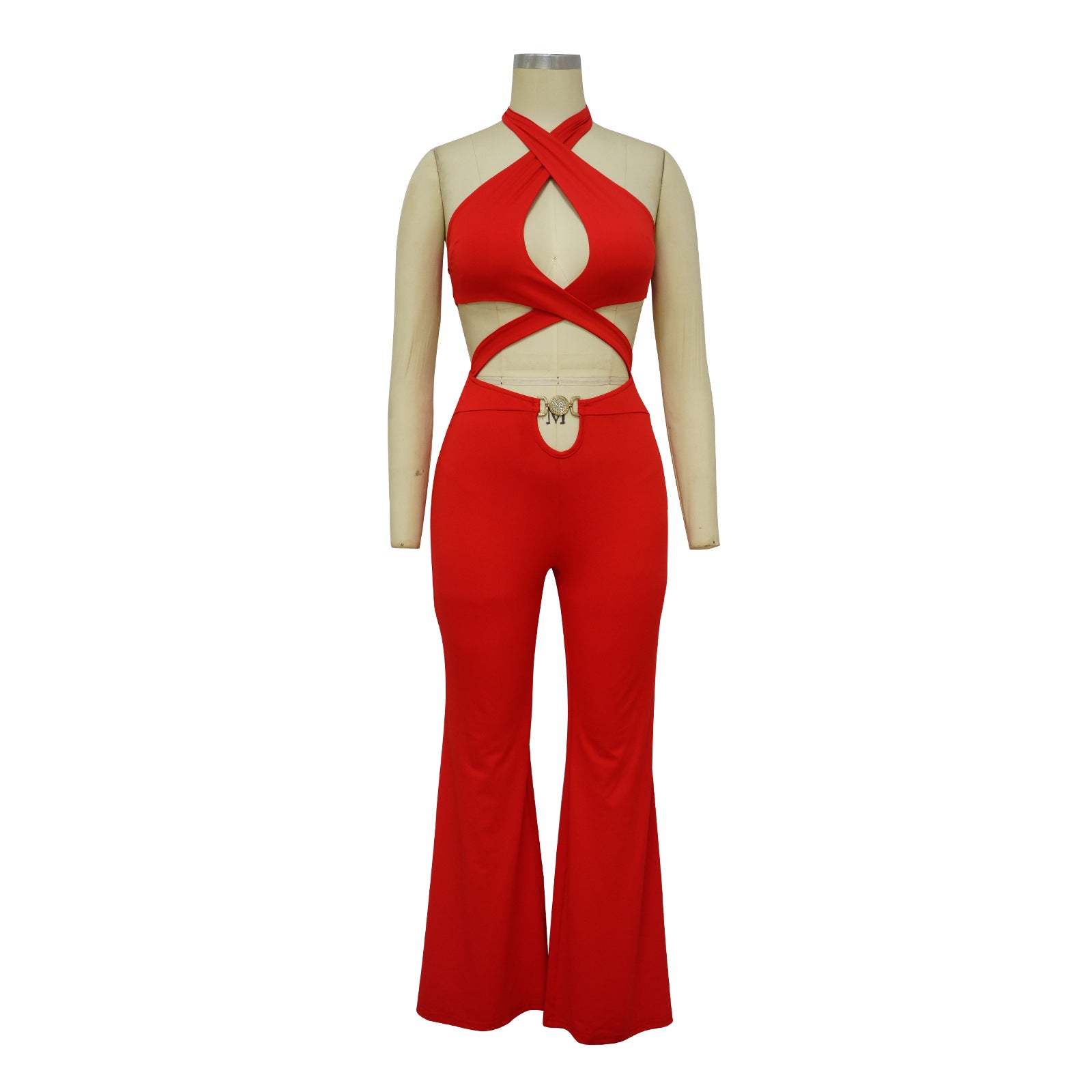 Criss Cross Halter Neck Backless Wide Leg Straight Sleeveless Jumpsuit