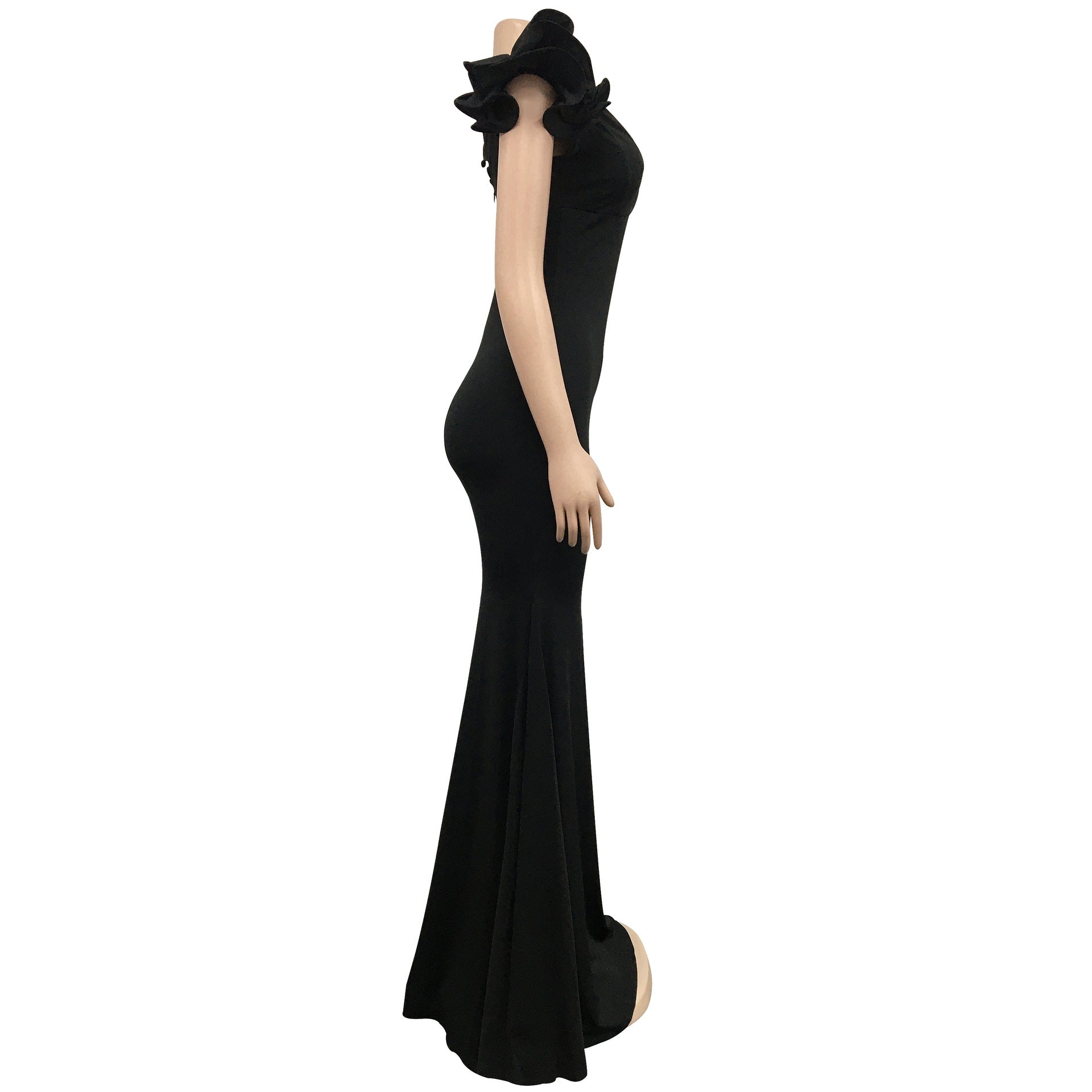 Vintage Ruffles Petal Shoulder Cocktail V-neck Trumpet Maxi Long Dress